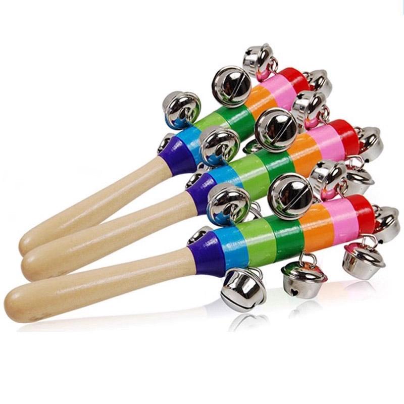 5Pcs Wooden Jingle Hand Bells Rainbow Stick Shaker Rattle Party Favors Percussion Instruments For Kids Baby Musical Toys