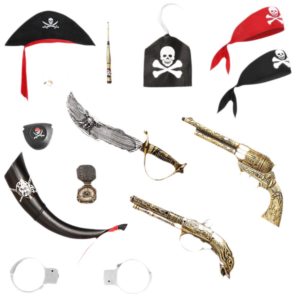 Halloween Pirate Prop Set: Caribbean Captain Hat, Hook, Eye Patch, Headscarf, Horn, Treasure, and Toy Gun.