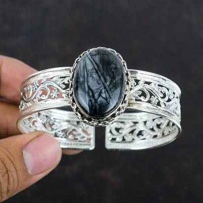 Bracciale in Diaspro Picasso Bracciale in Pietra Preziosa Bracciale Rigido Unico Argento Sterling 925 Bracciale Regolabile Bracciale Fatto a Mano Gioielli in Argento Per Regali