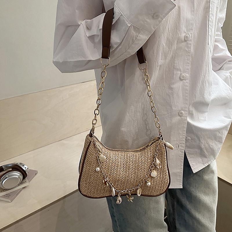 Yogodlns Summer New Women Simple Shoulder Bag Fashion Straw Fashionable Versatile Crossbody Bag Lightweight Casual Commuting Bag
