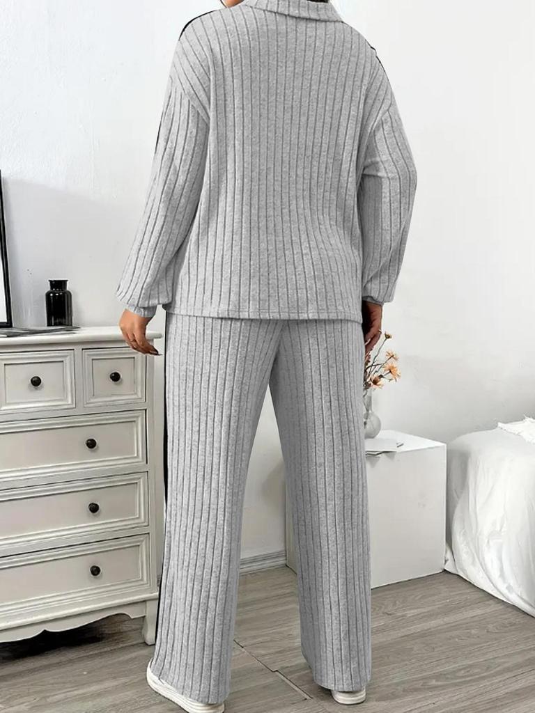 TUME Plus Size Ribbed Hoodie & Wide Leg Pants - Women's Autumn/Winter Casual Fashion Two-Piece Set