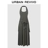 UR2026 Women's Solid Color Halter U-Neck Tie-Strap Dress