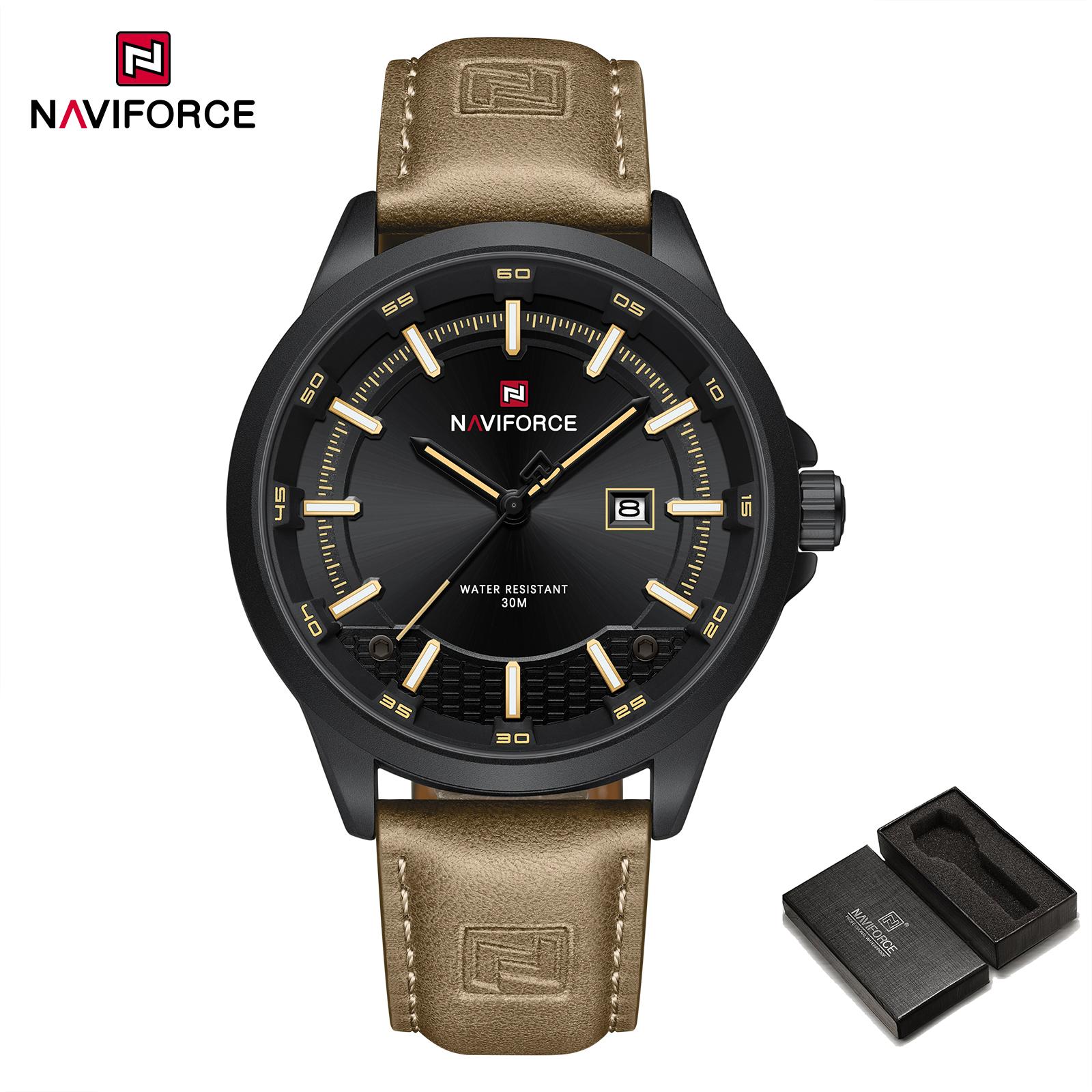 

Оригинальные кварцевые часы NAVIFORCE для мужчин, кожаный ремешок, простой круглый циферблат, люминесцентный календарь, водонепроницаемость 30 м, мужские повседневные часы NF9248L жёлтый/коричневый