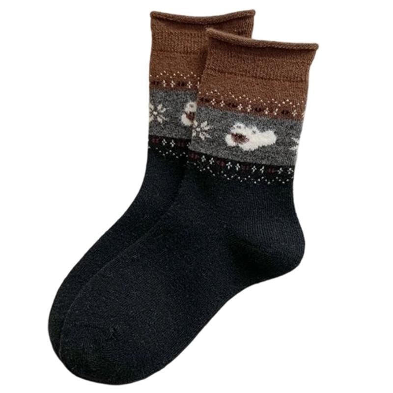 

Women Winter Middle Calf Wool Socks Soft Thick Knits With Adorable Puppy Pattern Nonslip Ribbed Cuffs For Cold Days чорний