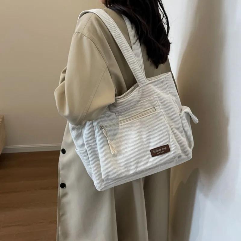 

Simplicity Trend Corduroy Women’s Tote Bags Casual Multi Pockets Solid Color Shoulder Bags Handbag Large Capacity Commuter Bag