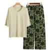 Pajamas Women's Spring and Summer New V-neck Short-sleeved Cotton and Linen Pants European and American Large-size Loungewear Two-piece Set