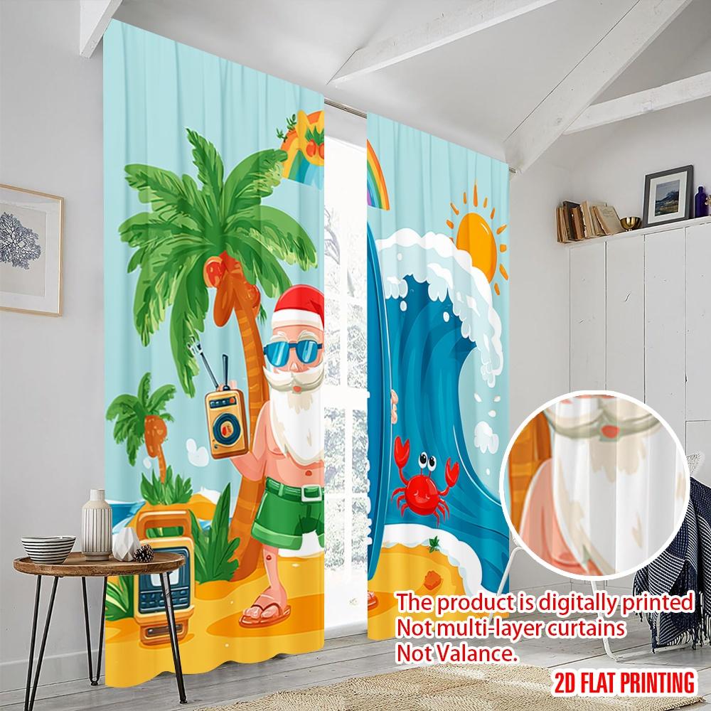 2pcs,2D Plane Printing Creative Curtains Santa Surfing Beach Versatile Polyester Fabric (without Rod) Decorations Inside Ldeal