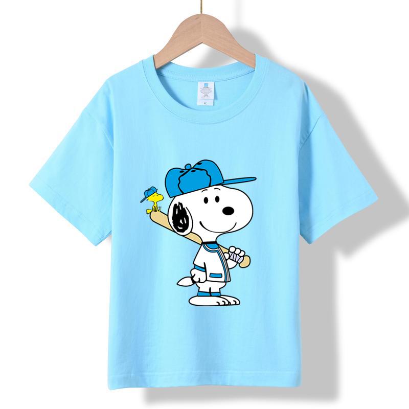 MC-77 MINISO 2026 Summer New Kids 100% Cotton T-Shirt Snoopy Baseball Print Short Sleeve Casual Tee for Boys Girls Ages 2-12