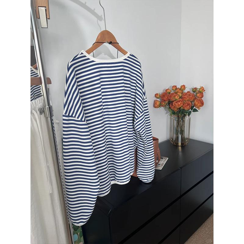 Crew Neck Contrasting Striped Sweater Women's Spring Loose and Thin Long-sleeved T-shirt Casual Lazy Style Bottoming Top