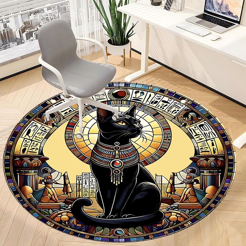 1 Stück Ägyptische Katze Büro Runder Teppich, Indoor-Matte Geeignet für Büro, Unter Bürostühlen Schlafzimmer Wohnzimmer Heimdekoration, Raumdeko
