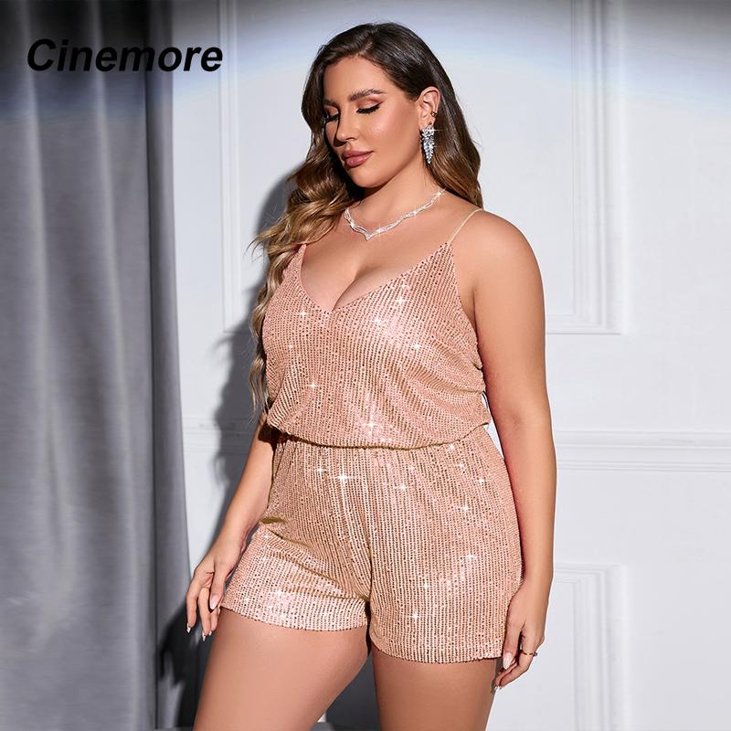 Cinemore Chic and Elegant Women Jumpsuit Plus Size Elastic Belted Shorts Pants V Neck Sexy Sequin Romper Cami Dresses for Prom