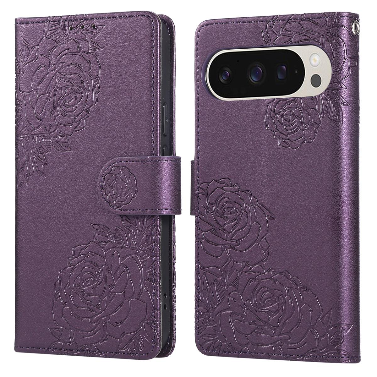 

Чехол для Google Pixel 10 Pro XL/9 Pro XL Кошелек из ПУ кожи с розовым цветком, Чехол-книжка для телефона с 3 отделениями для карт/ремешком на запястье Dark Purple