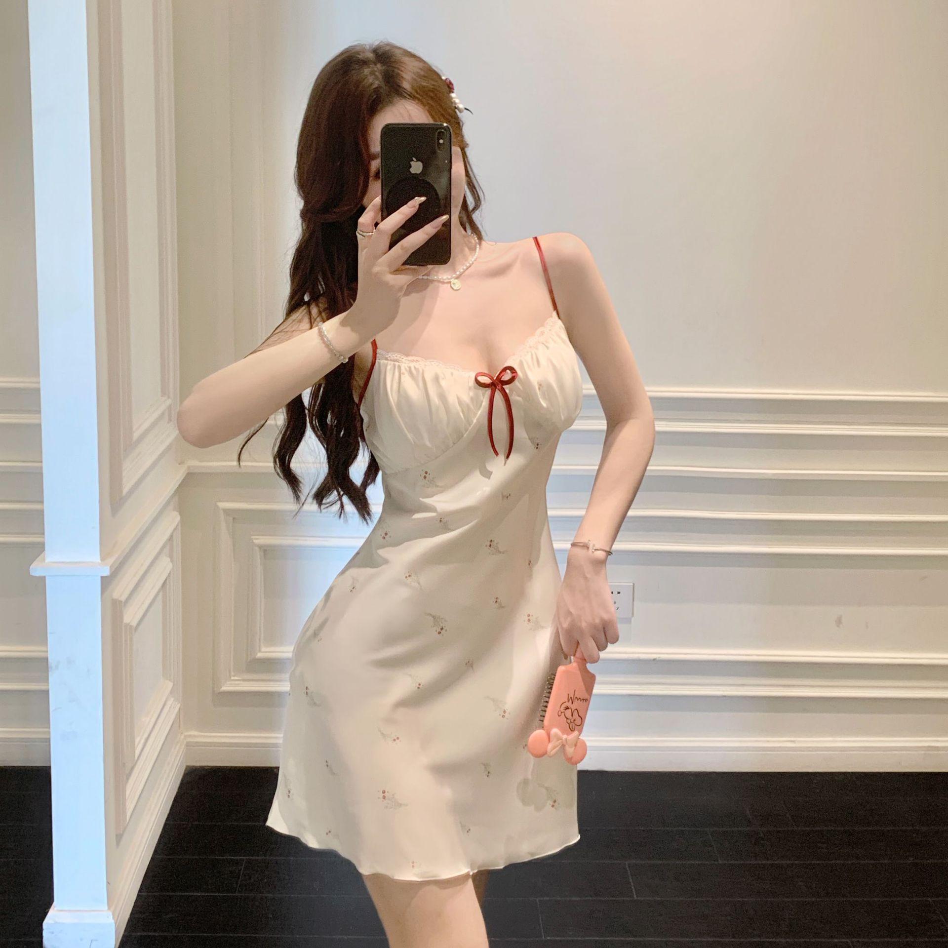 

Sexy Pajamas Women s Ice Ribbon Chest Pad Printing Pure Desire Silk New Suspender Pajamas Loungewear Available XL