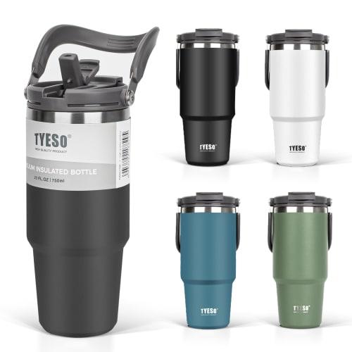 TYESO 750ml Tumbler with Straw, Coffee/Water Bottle, Thermos, Insulated, Handled, Vacuum Insulated, Double-Walled Wall, Wide Mouth, Large Capacity, Di