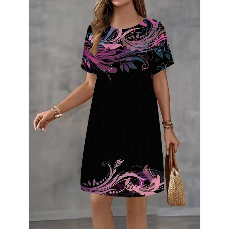 Summer Short Sleeved Dress Loose Casual Plus Size Dress Flower Print Dress Mini Skirt