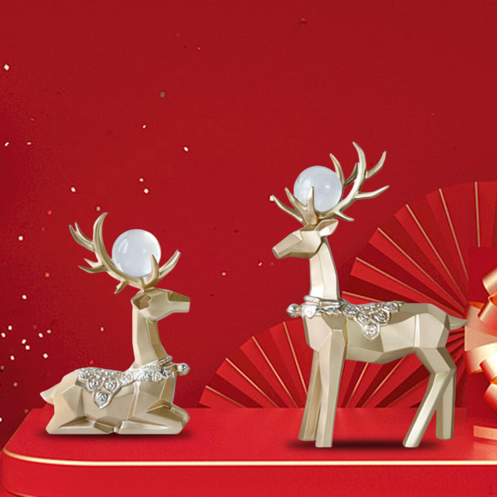 2 Reindeer Figurines Sitting Standing Deer Ornaments Elk Sculpture Statues for Table Decoration Geometric Aureate