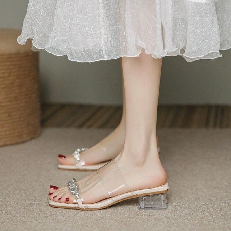 Fashion 2025 New Chinese style women's shoes transparent block heel temperament sandals new summer rhinestone sandals
