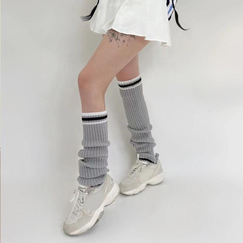 Student Vintage Double Striped Ribbed Knit Leg Warmers Slouch Leg Covers Boot Cuffs Stretchy Long Boot Socks for Women