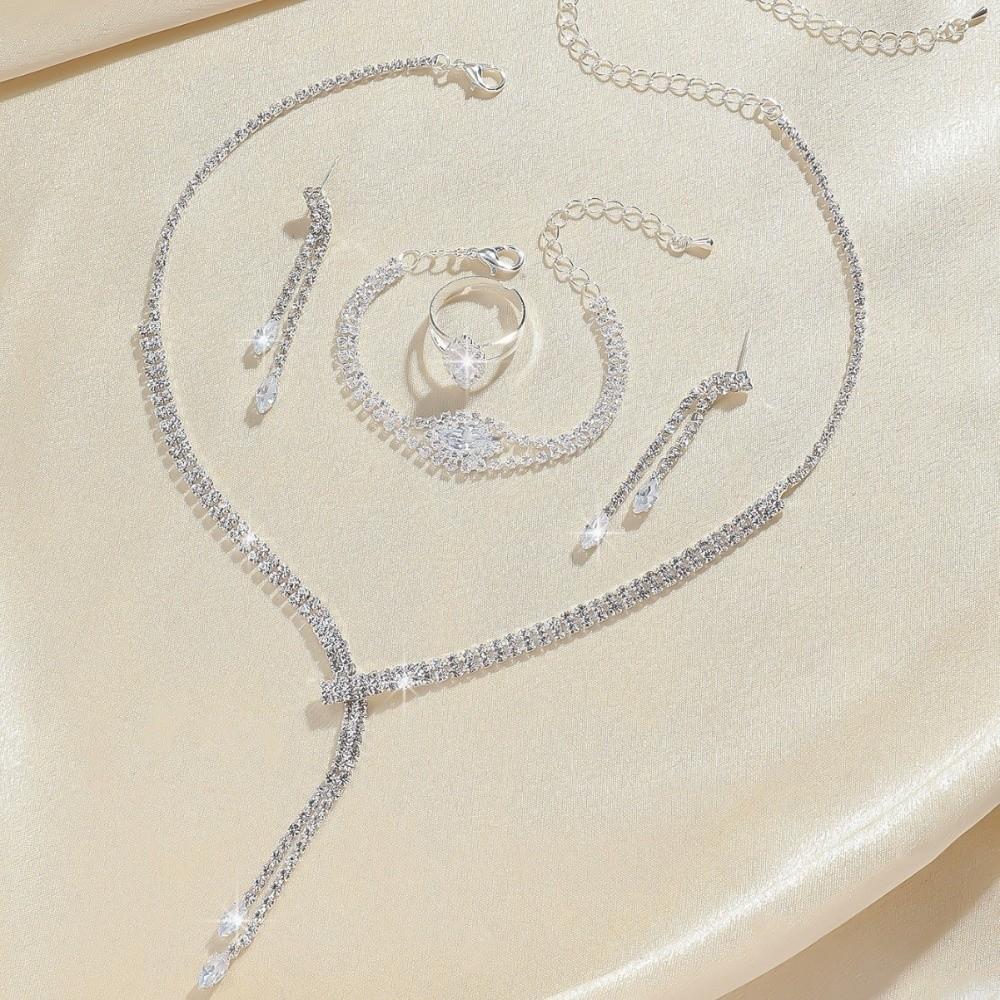 4PC Luxury Necklace Earrings Bracelet Ring Set Simple Women's Fashion Jewelry Kit  Banquet Accessory