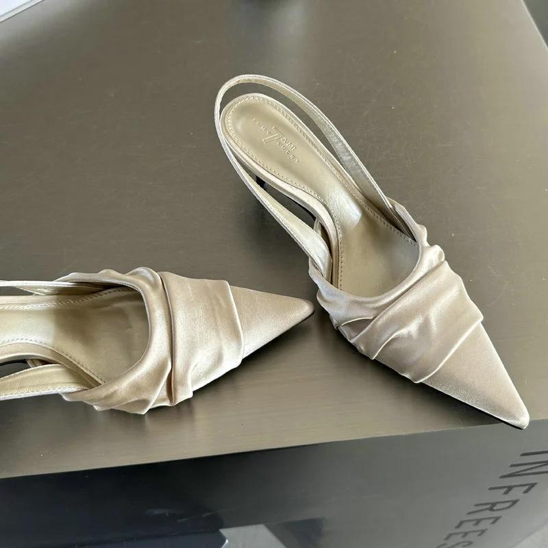 2024 Sandals Women's Summer New Pointy Pumps Back Empty Single Shoe Satin Ribbon High Heels