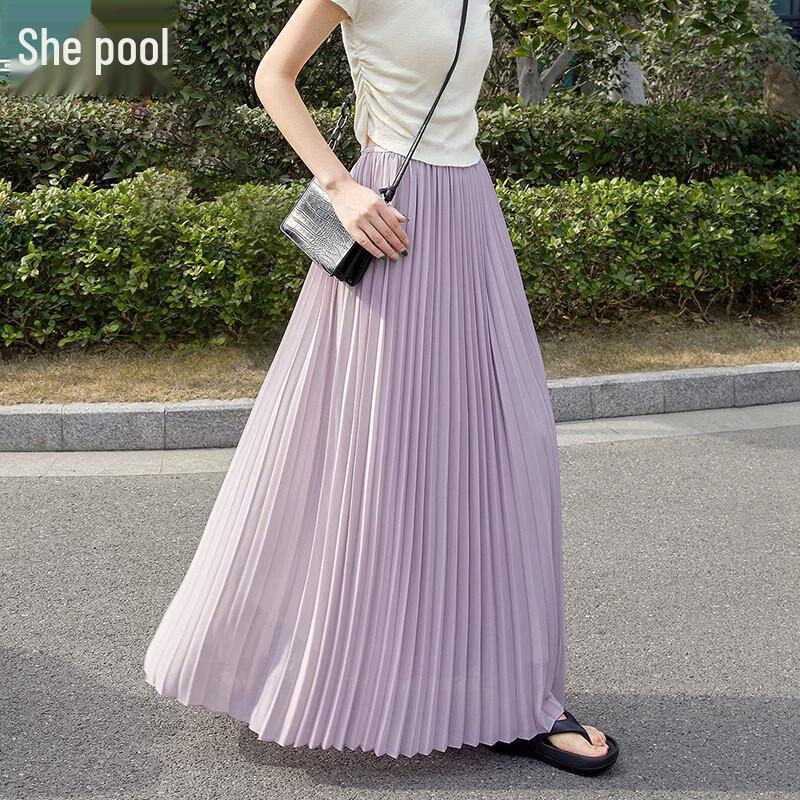Women s Flowy Mesh Pleated A-Line Long Skirt L
