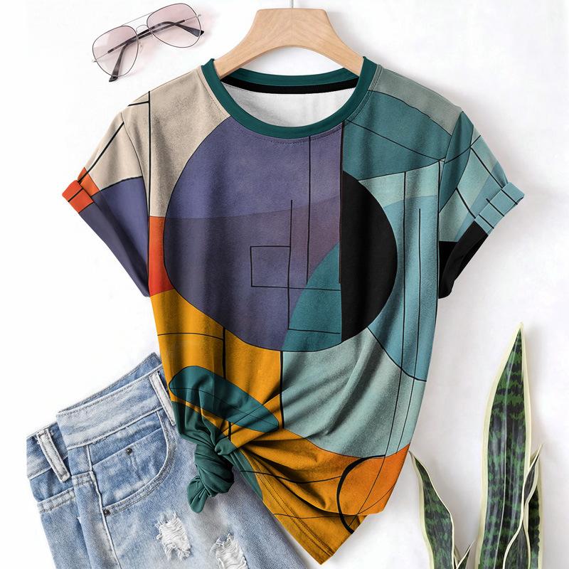 

Летняя женская футболка с круглым вырезом, коротким рукавом, абстрактным узором, художественная, модная, повседневная, удобная рубашка 6XL