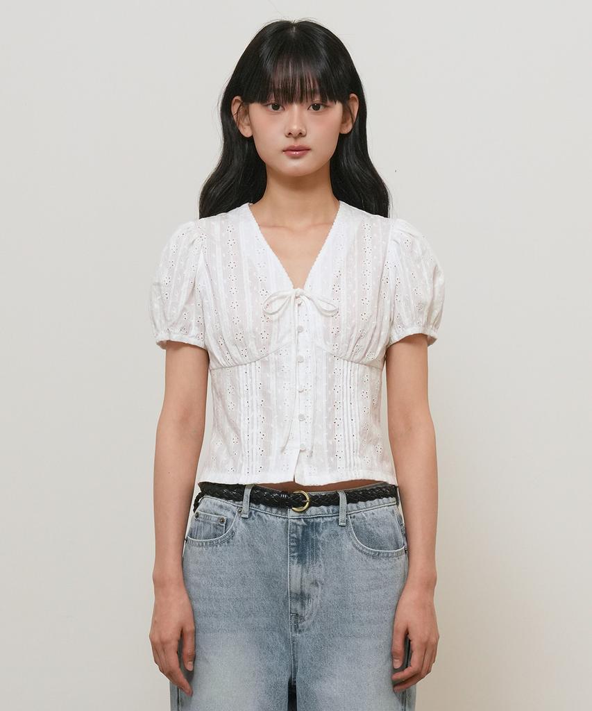 GENERALIDEA V-Neck Lace Puff Blouse [White] / Gf2Lbl529