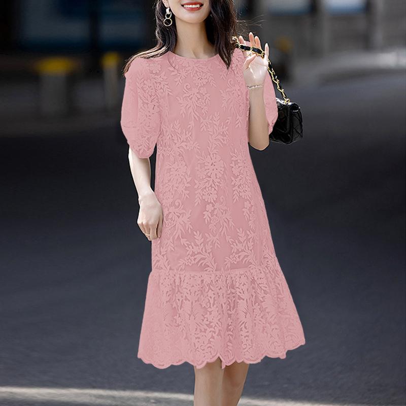 ZANZEA Women Casual Round Neck Lace Patchwork Short Sleeve Dress