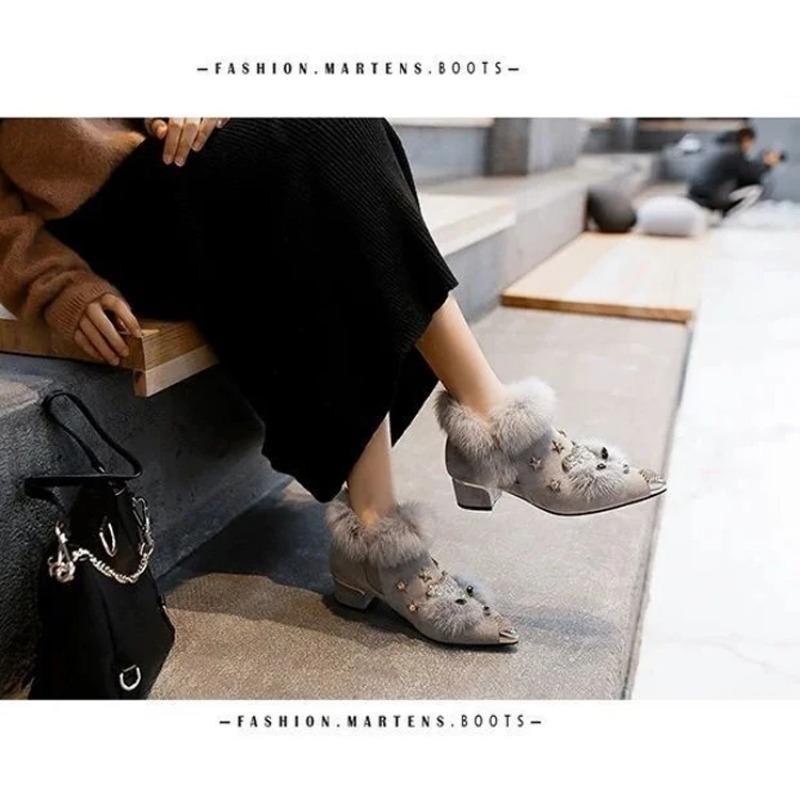 Dámské kotníkové boty Křišťálová hlava lišky Dámské boty Zimní móda Kovová špička Nadýšený plyš Vysoký podpatek Dámská svatební párty obuv