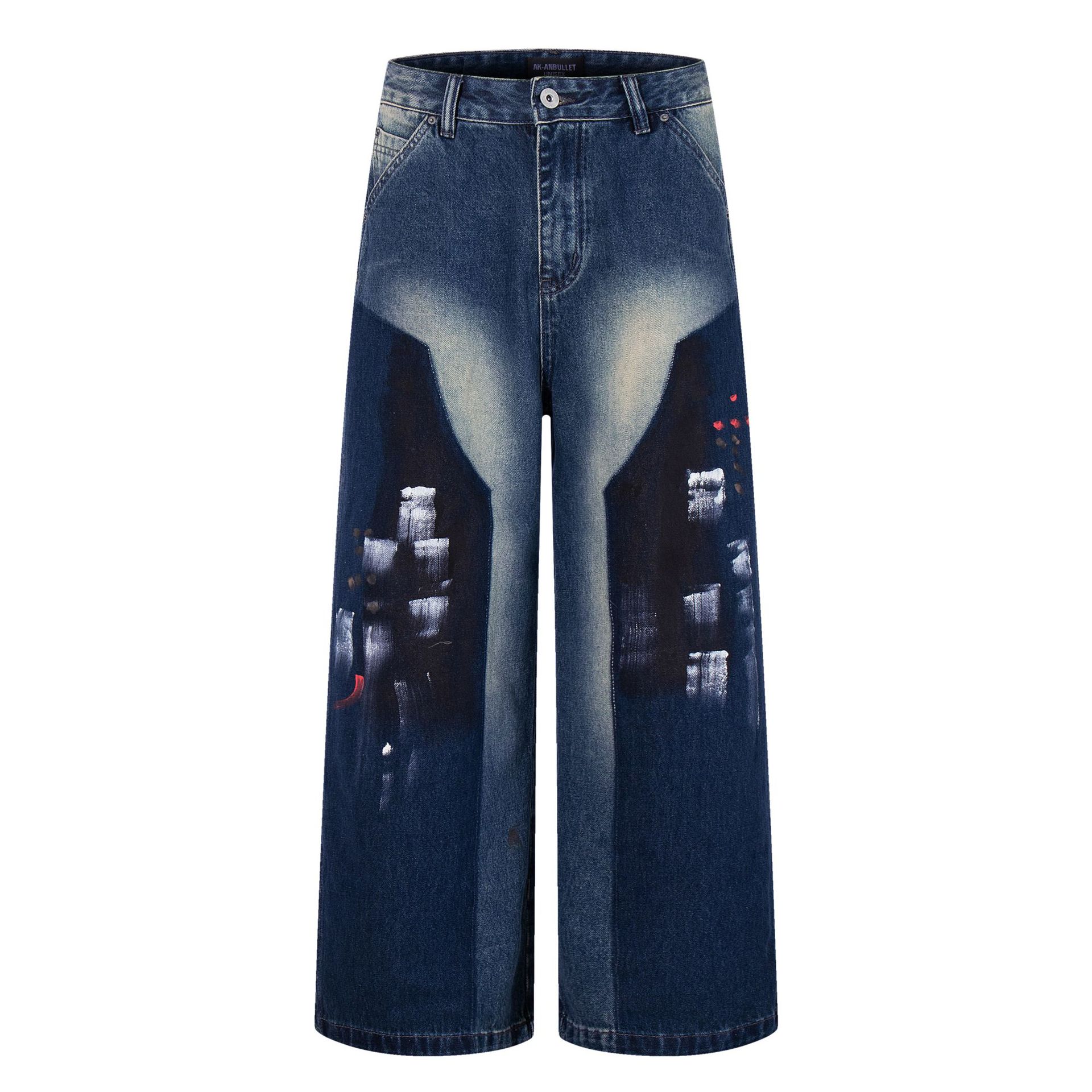 Men s Autumn American High Street Logging Pants Washed Graffiti Jeans Loose Wide Leg Pants S