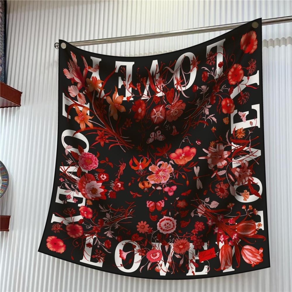 Silk Scarf Women Floral Printed Square Scarves Head Echarpes Silk Foulards Femme Wraps Beach Shawls Bandana Lady Hijabs 90CM