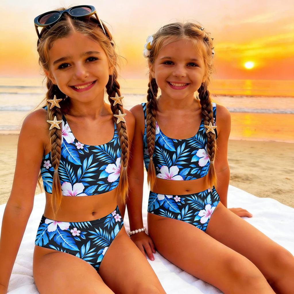 Girls Two Piece Swimsuit Set Hawaiian Print Tankini Top and High Waist Bottom Summer Beach Swimwear for Kids