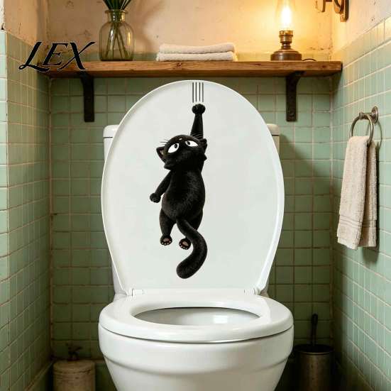 Funny Black Cat Stickers Furry Toilet Seat Sticker, Waterproof PVC Bathroom Decal, Removable Decals Cute Animal Wall Art for Tank And Lid Decoration