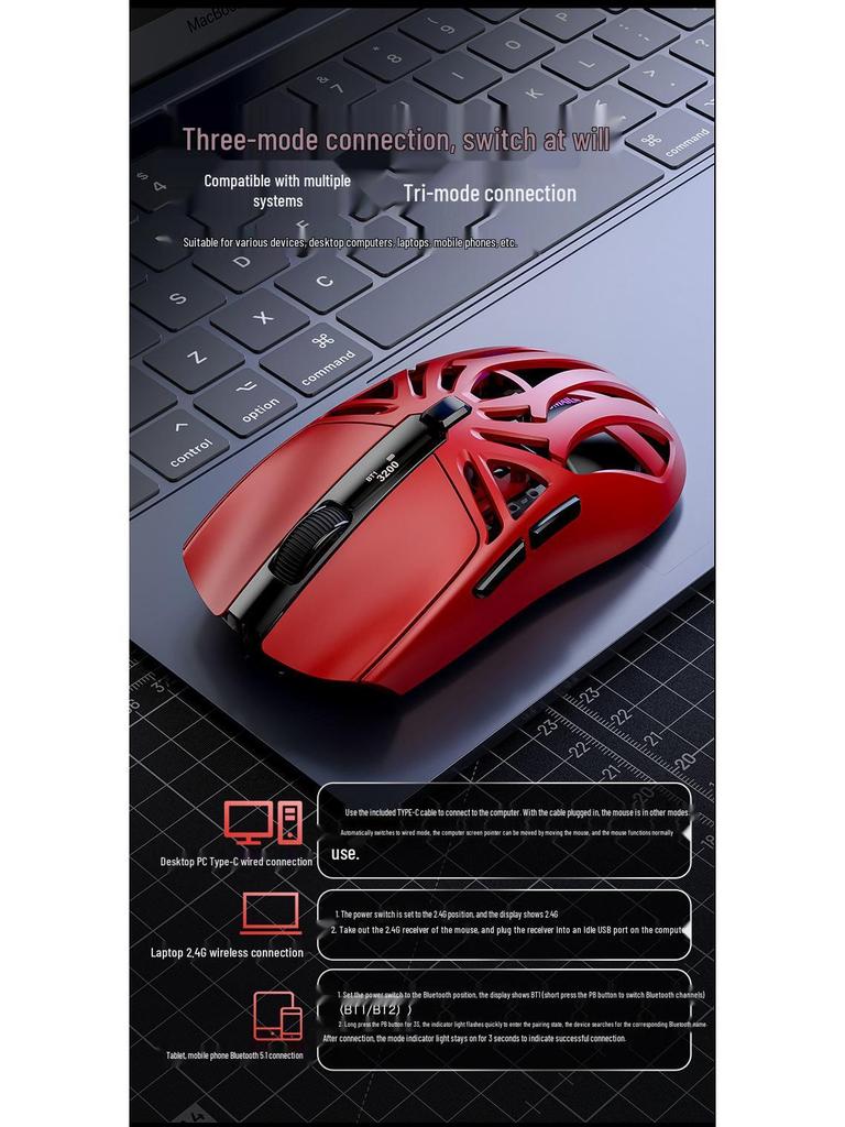 Smailang M8 Wireless Gaming Mouse - Esports Bluetooth, PAW3311 Sensor, 3 Modes, Screen Display, Charging Dock, USB.