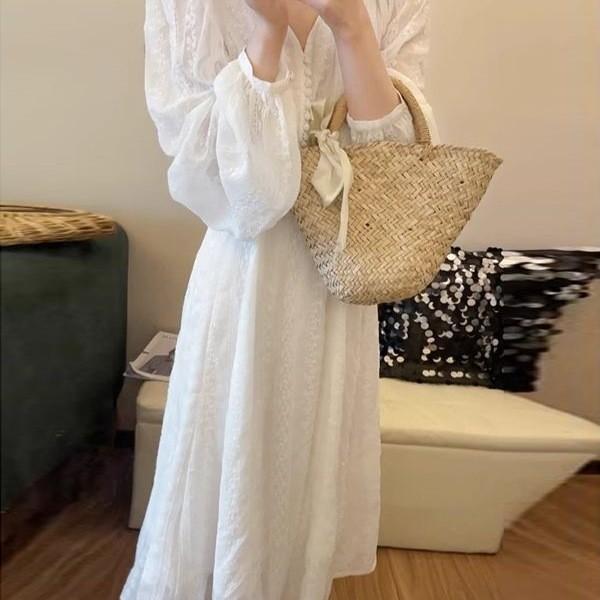 Floral Long Sleeve Dress With Embroidery For Vacation And Casual Wear