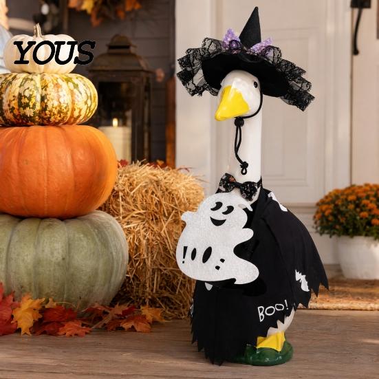Ghost Goose Costume with Lantern 1 Set Halloween Porch Outfit, Light-up Lantern, Yard Decoration Pumpkin Apparel for 23 Inch Statue Festive Decor Easy