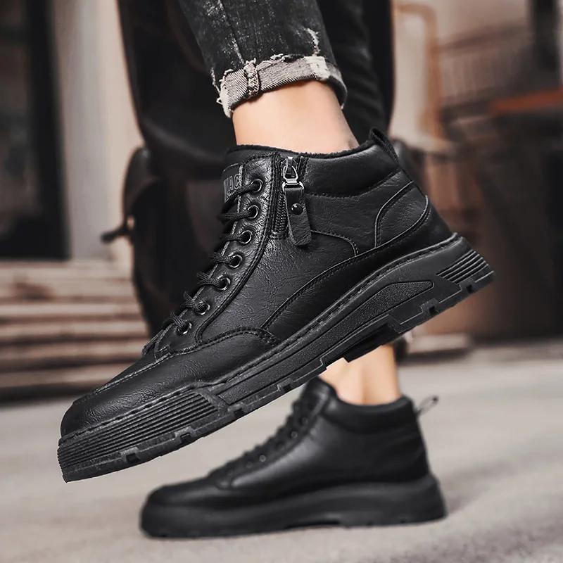 Fashion Leather Men's Boots 2024 new Winter Platform Warm Fur Ankle Short Lace Up Fashion Novelty Concise Casual Work cotton Shoes Botas