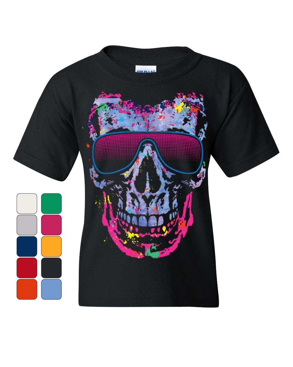 

Neon Skull Sunglasses Youth kids boys T-Shirt Swag Multicolor Music EDM Rave Pop Kids Tee 160
