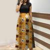 Women's Fashion Casual Halloween Print Round Neck Short-Sleeved Large Size Long Dresses