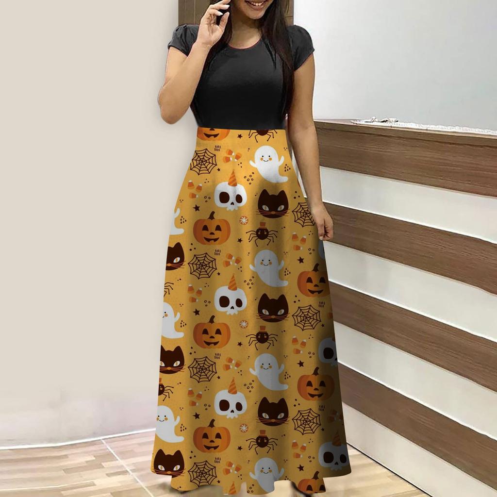 Women's Fashion Casual Halloween Print Round Neck Short-Sleeved Large Size Long Dresses