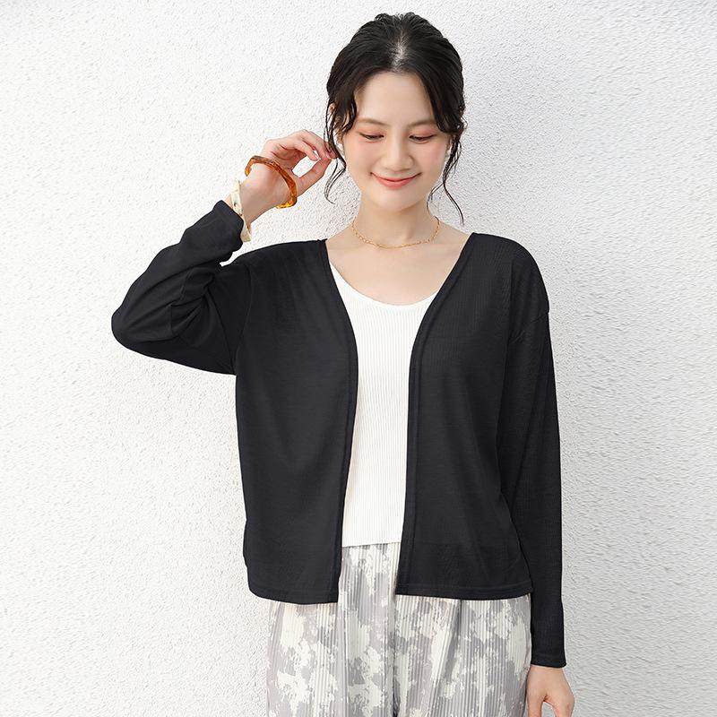 Women Long Sleeves Sun Protection Thin Cardigan Loose Air-conditioned Cover Up Front-open Tops