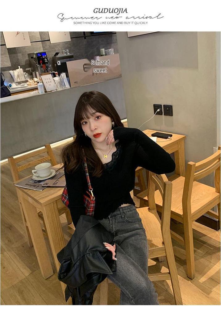 Gray Lace V-Neck Knit Sweater - Women's Slim Fit Long Sleeve Hollow Out Top for Autumn/Winter