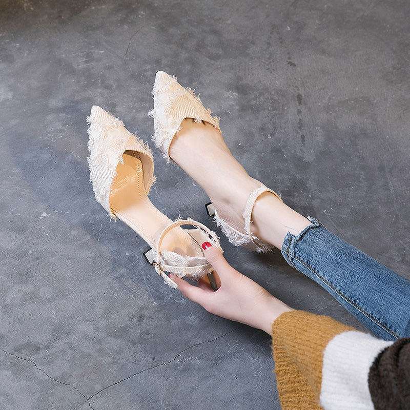 High heels women's 2025 spring and summer new thin heels fairy style women's shoes versatile pointed heel one-button sandals