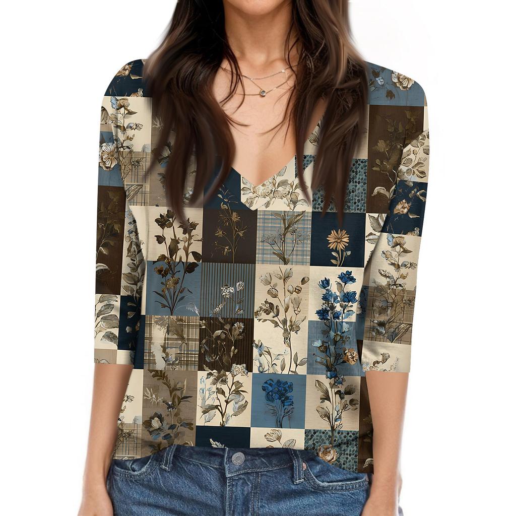 Women's T Shirt Print 3/4 Sleeve Daily Weekend Fashion Basic V- Neck Regular Top