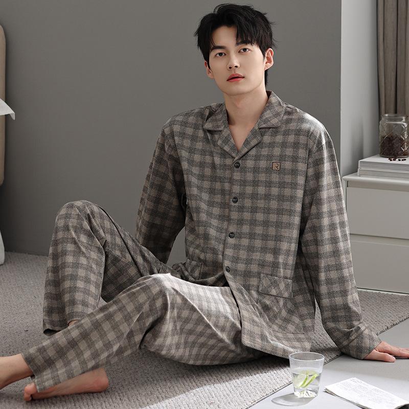 Pure Cotton Pajamas Men'S Loungewear Spring Suit Cardigan Long-Sleeved Plaid Can Be Worn Outside Spring And Autumn Styles