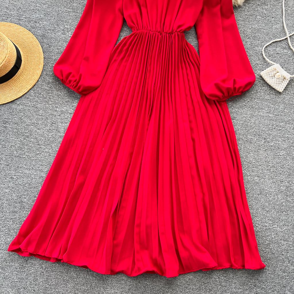 Autumn Women Vintage Pleated Midi Dress Elegant V-Neck Puff Long Sleeve High Waist A-Line Red Green Dresses