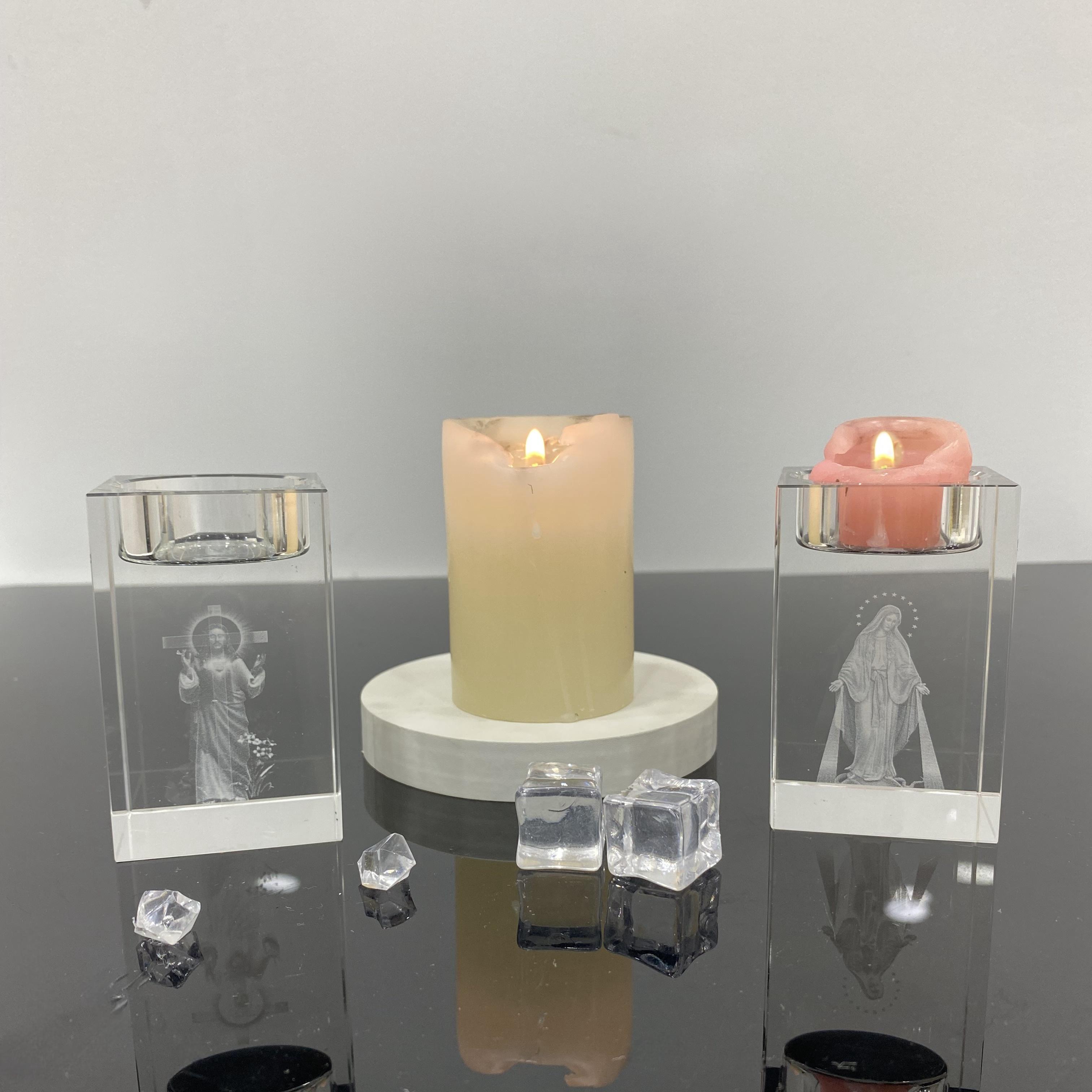Nordic Crystal Glass Candlesticks Creative 3D Laser Engrave Cross Jesus Statue Mary Sculpture Altar Candle Holder Home Decor