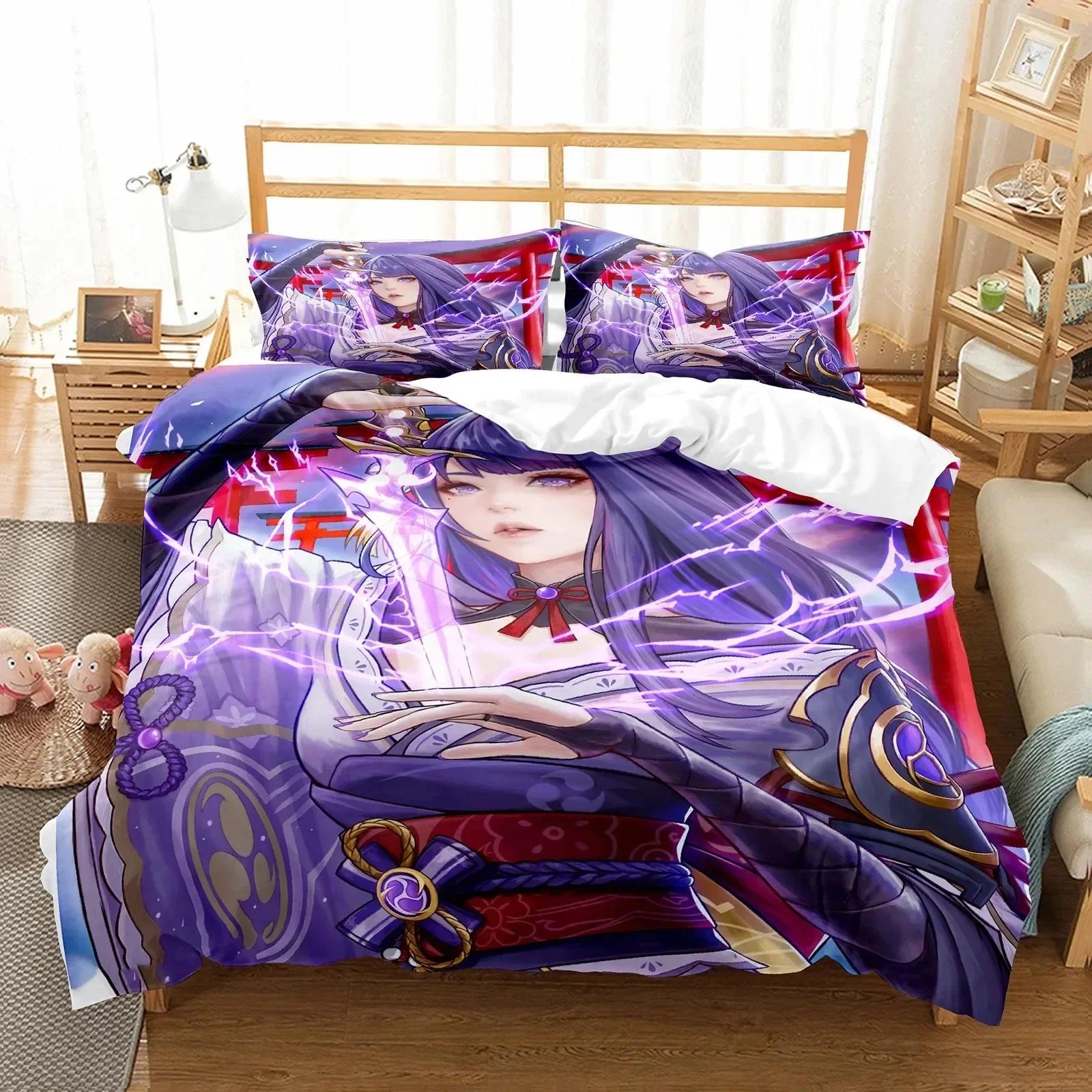 

Genshin Impact Raiden Shogun Pillowcase Bedding Bag Cartoon Set Anime Customize Bedding Decoration Cute Quilt Cover EU Single(135*200cm)3pcs