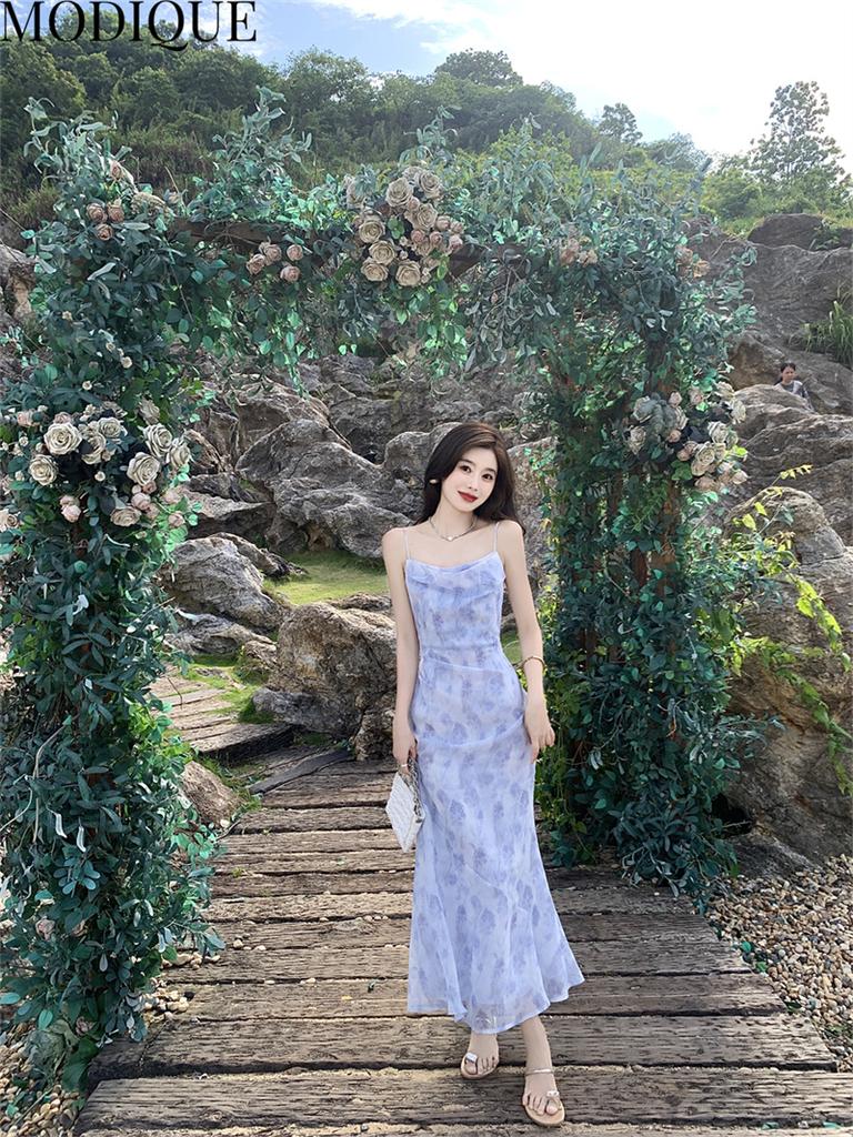 MODIQUE Summer Women Elegant Floral Embroidery Backless Mesh Gauze Chiffon Girly Halter Long Dresses Lady Light Wedding Dress Toasting Dress