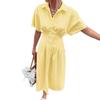 Abito midi casual da donna a maniche corte con colletto a camicia, bottoni sul davanti, plissettato, a righe rosa
